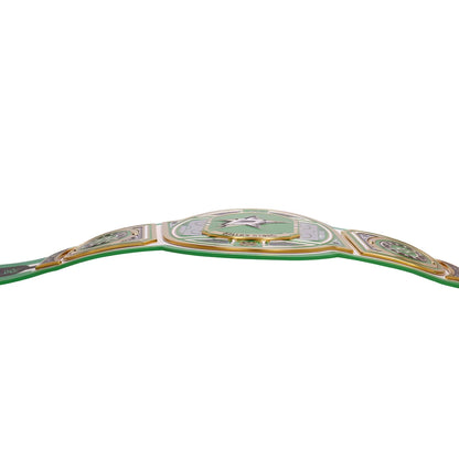 Decorative belt with green and gold design on a white background