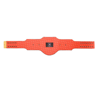 A red and black checkered martial arts belt with a central black brand patch, displayed horizontally on a plain white background.