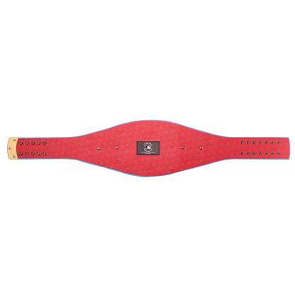 A red leather championship belt with a textured pattern, a central black and red logo patch, and gold-tone metal studs and buckle, shown horizontally on a plain white background.