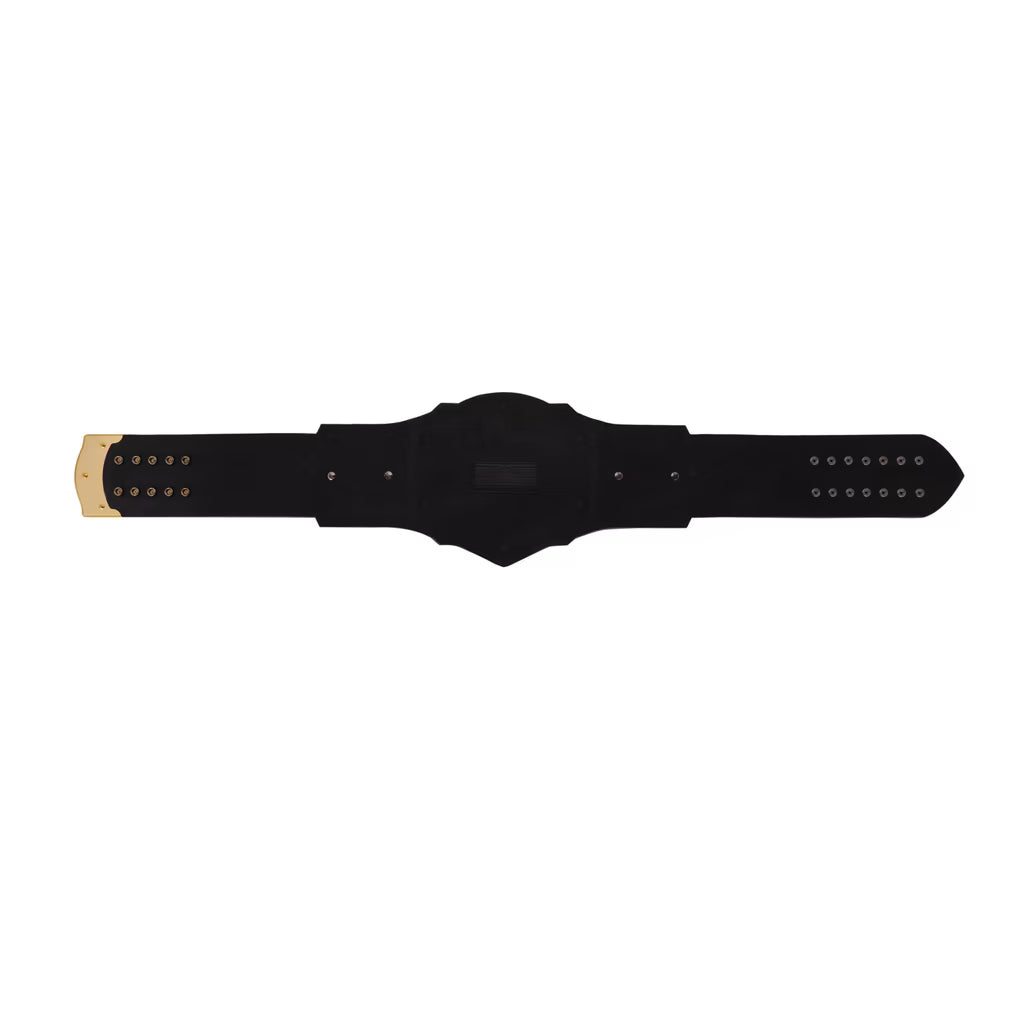 A black leather championship belt with gold-tone metal hardware and studs, displayed horizontally on a solid white background.