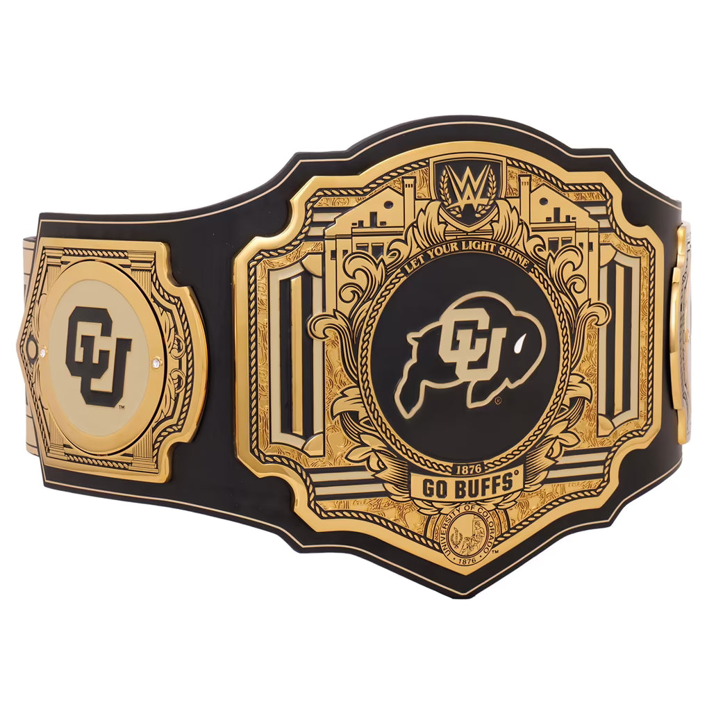 A Colorado Buffaloes wrestling championship belt featuring ornate gold-colored metal plates with black details, including the CU Buffaloes logo and WWE branding, set against a plain white background.