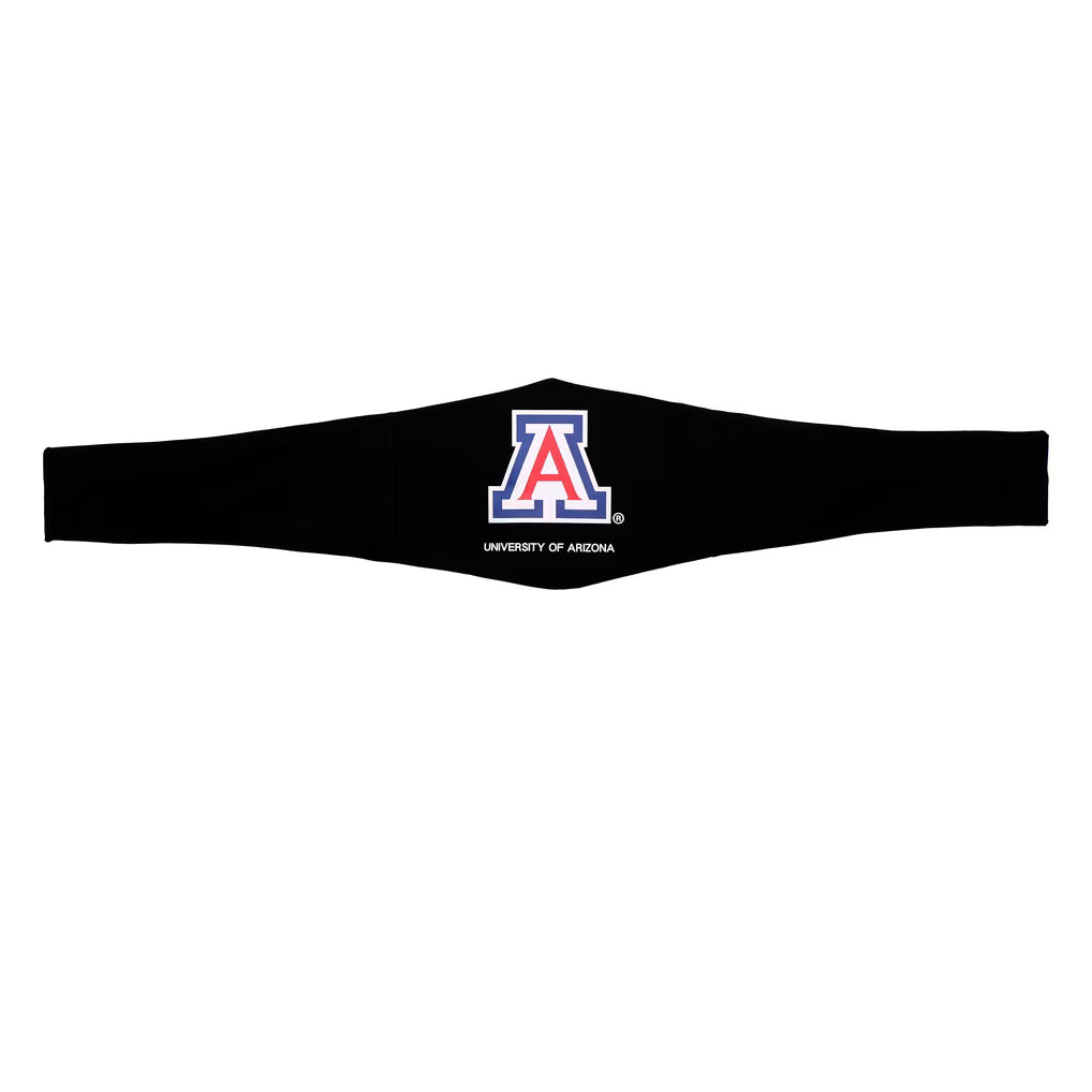A black athletic headband featuring the University of Arizona 'A' logo in blue and red with white text underneath, displayed on a solid white background.
