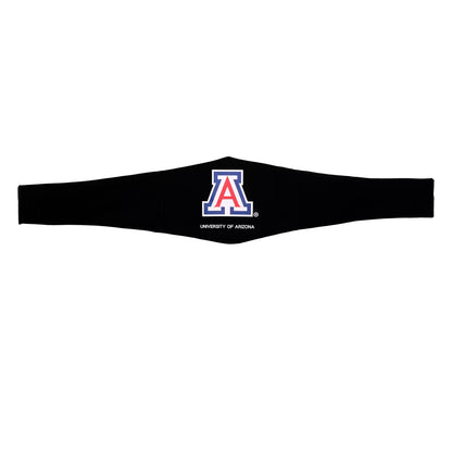 A black athletic headband featuring the University of Arizona 'A' logo in blue and red with white text underneath, displayed on a solid white background.