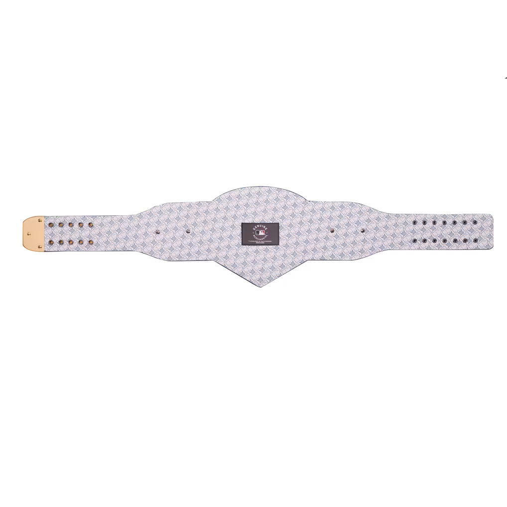 A championship-style belt with a white and light blue houndstooth pattern, a tan leather keeper, and a central dark brown brand patch.