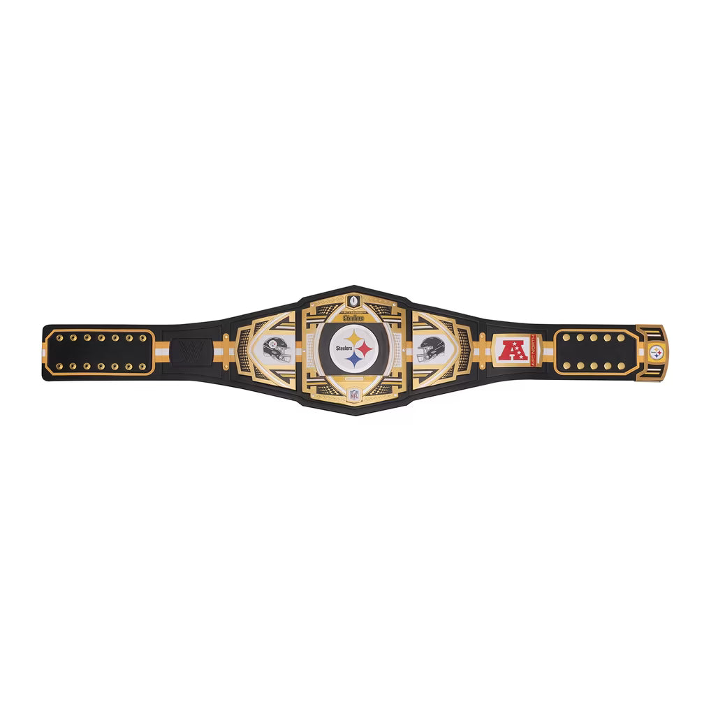 Black championship belt with gold and white accents on a white background