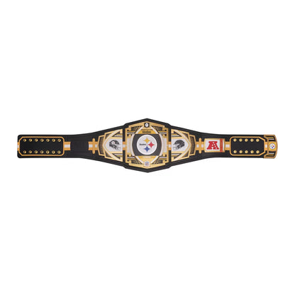 Black championship belt with gold and white accents on a white background