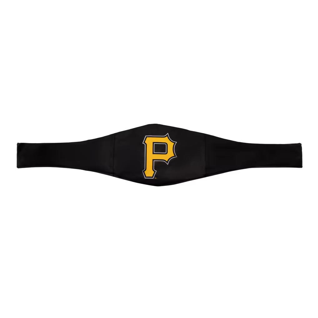 A black athletic waist wrap featuring the Pittsburgh Pirates 'P' logo in yellow and black in the center, displayed on a solid white background.