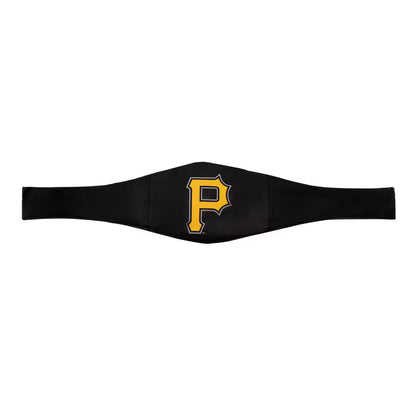 A black athletic waist wrap featuring the Pittsburgh Pirates 'P' logo in yellow and black in the center, displayed on a solid white background.