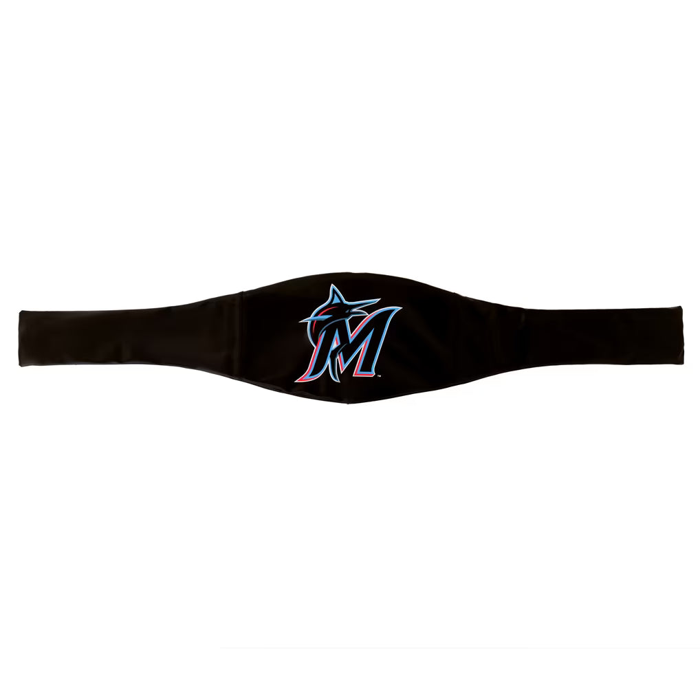 A black athletic waist wrap featuring the Miami Marlins logo embroidered in the center, displayed against a solid white background.