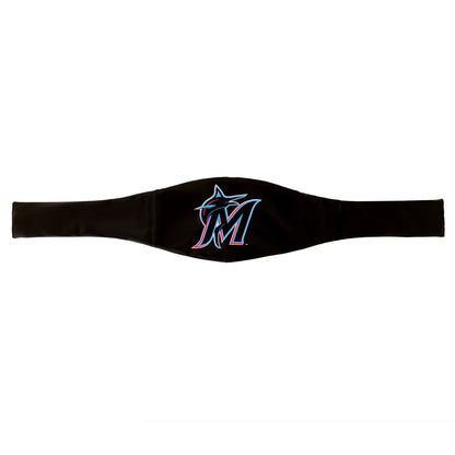A black athletic waist wrap featuring the Miami Marlins logo embroidered in the center, displayed against a solid white background.