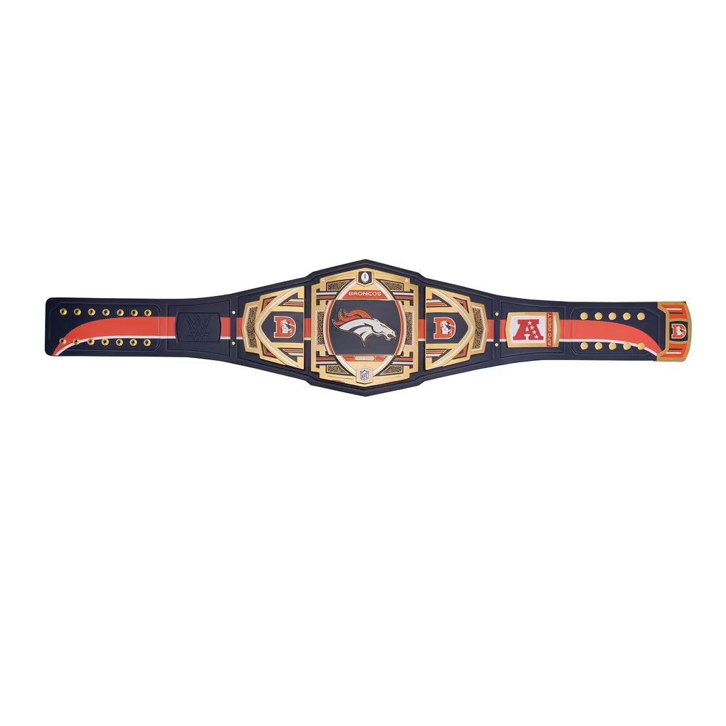 A custom championship belt featuring the Denver Broncos logo in the center, with 'BOSTON BRAZERS' text on the center plate and 'BOSTON' on the side plates. The belt strap is navy blue with orange and gold accents, and includes a stylized 'B' on each side.