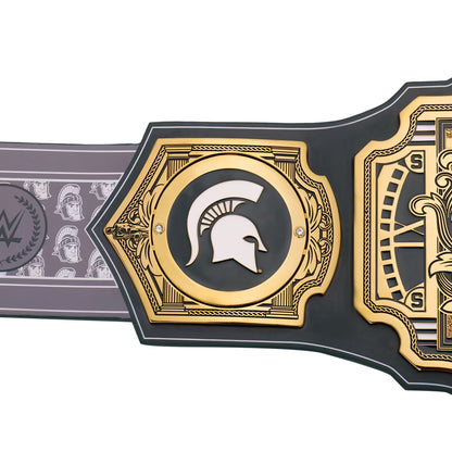 Wrestling championship belt with gold and black design on a white background