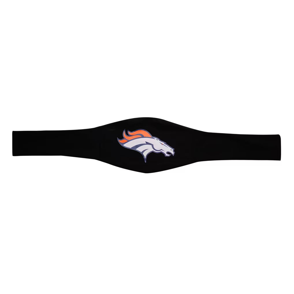 A black athletic waist wrap featuring the embroidered Denver Broncos horse head logo in the center, set against a plain white background.