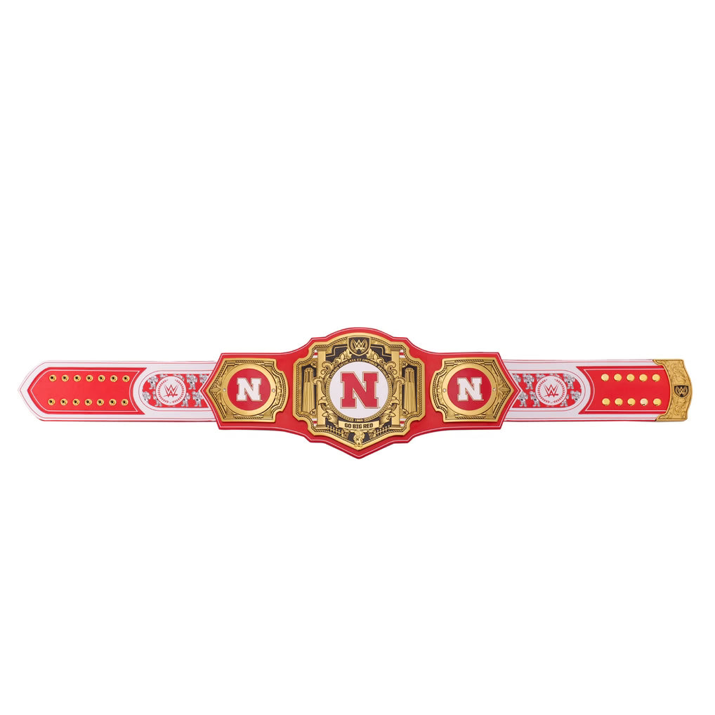 A red and white athletic championship belt with gold trim, featuring a central shield with a red 'N' and two side plates with matching 'N' logos, displayed on a solid white background.