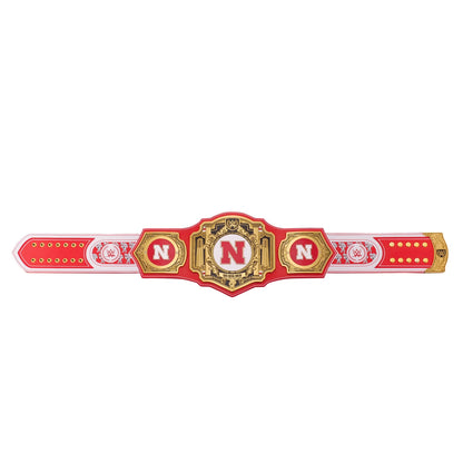 A red and white athletic championship belt with gold trim, featuring a central shield with a red 'N' and two side plates with matching 'N' logos, displayed on a solid white background.