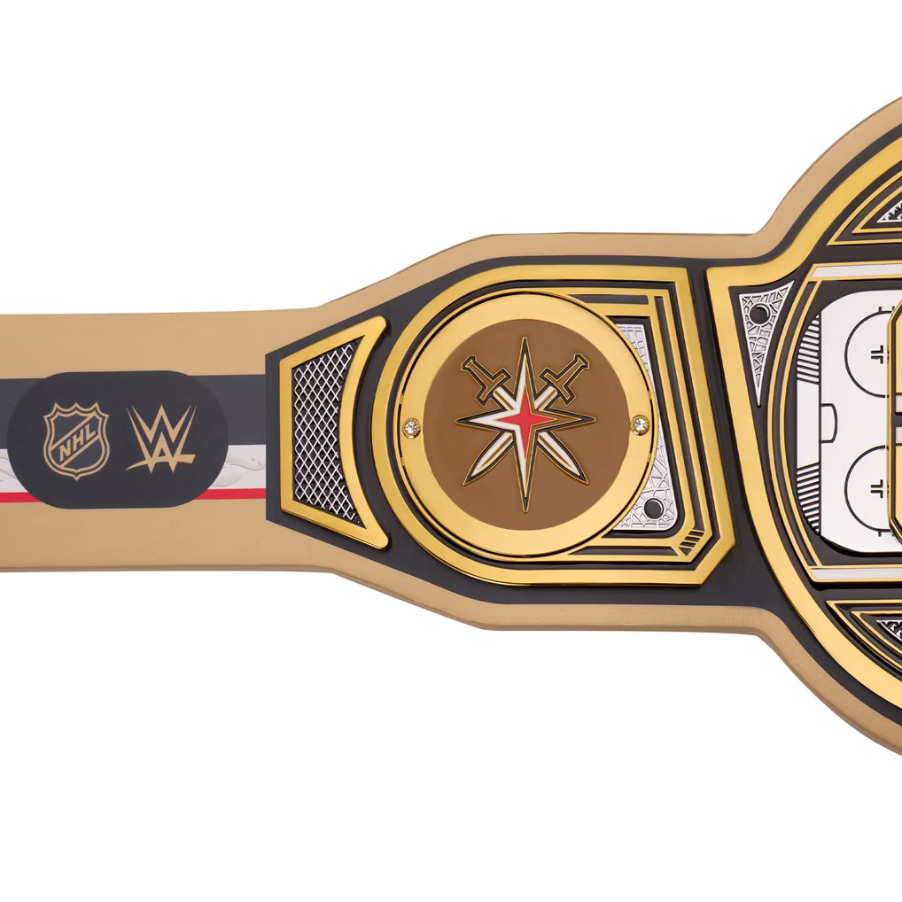 Wrestling championship belt with NHL and WWE logos on a white background