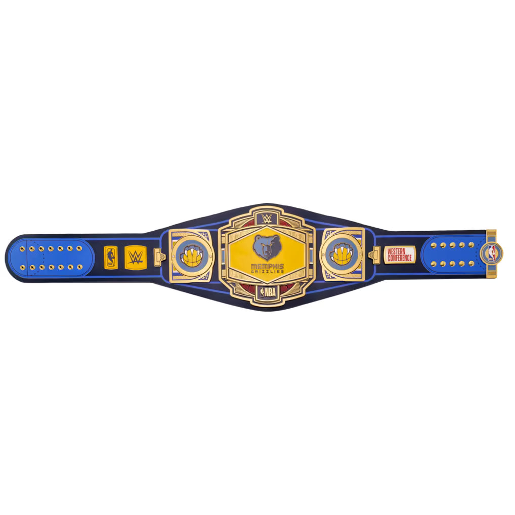 A replica of the WWE Championship belt, featuring a dark blue leather strap with gold and yellow metallic plates, blue accents, and the WWE logo.