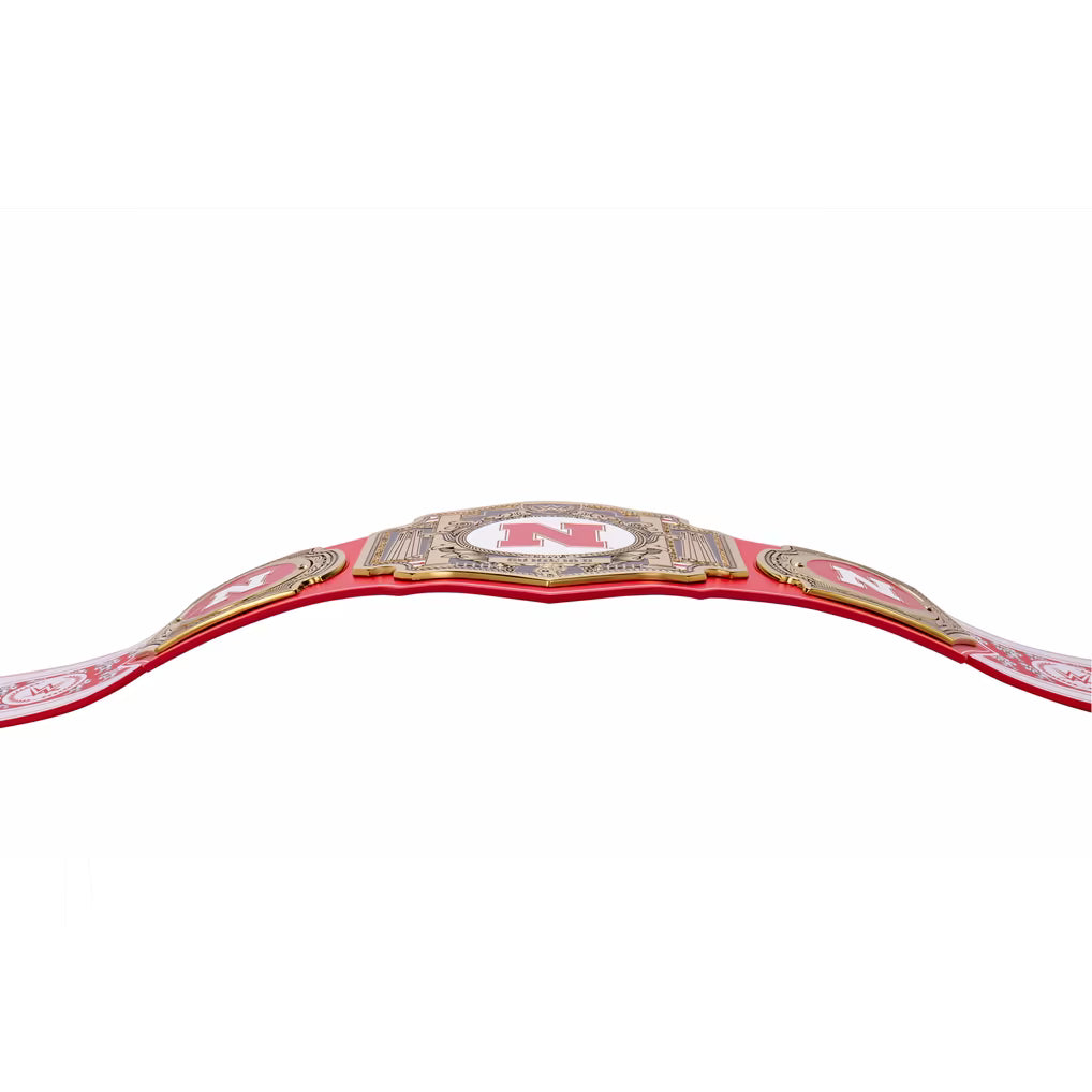 Red championship belt with a prominent 'N' logo on a white background