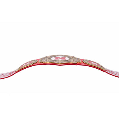Red championship belt with a prominent 'N' logo on a white background