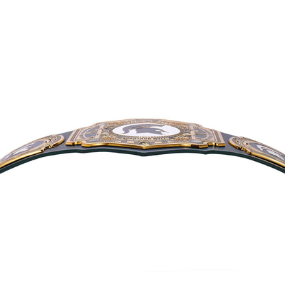 A close-up of a championship-style belt with a dark strap and ornate gold and silver plates, shown against a plain white background.