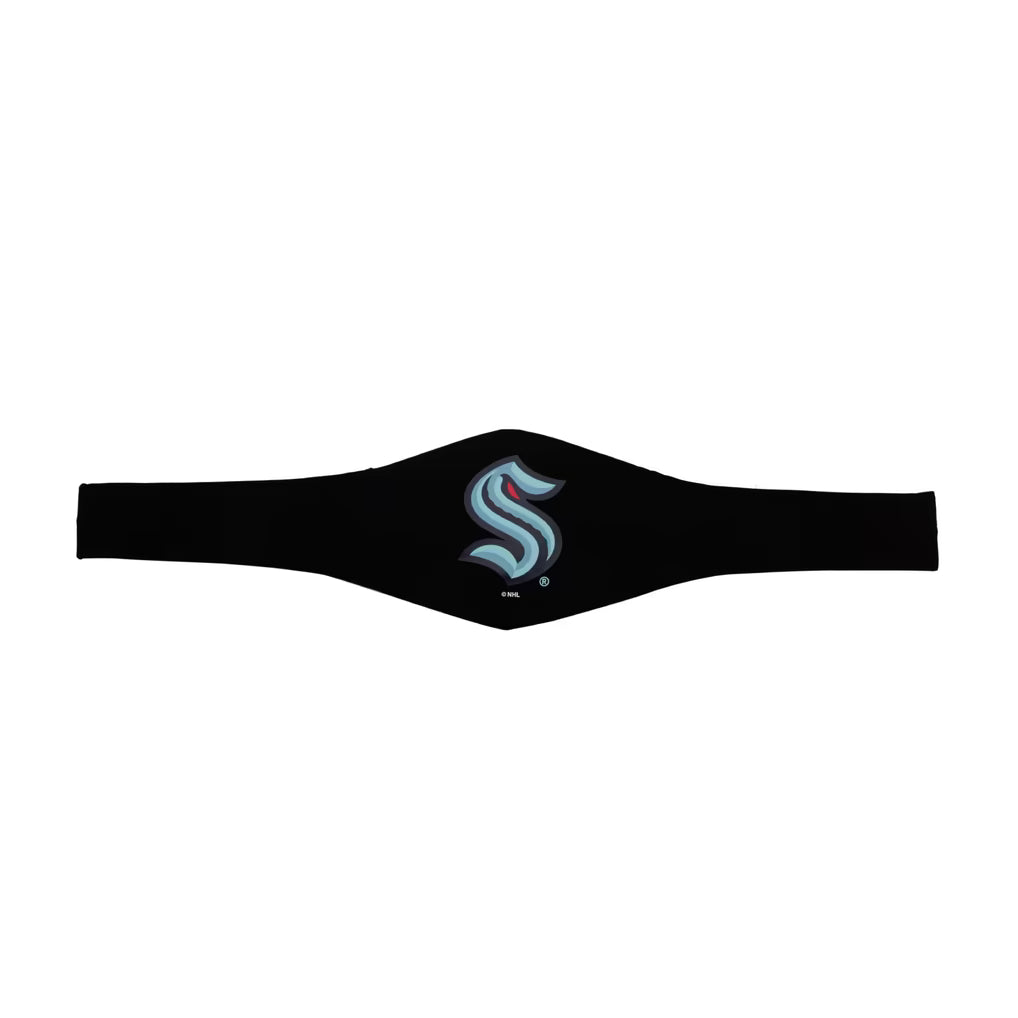 A black athletic waist wrap featuring a stylized blue and white 'S' logo in the center, displayed horizontally on a solid white background.