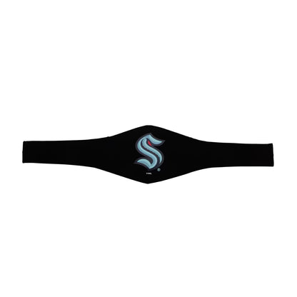 A black athletic waist wrap featuring a stylized blue and white 'S' logo in the center, displayed horizontally on a solid white background.