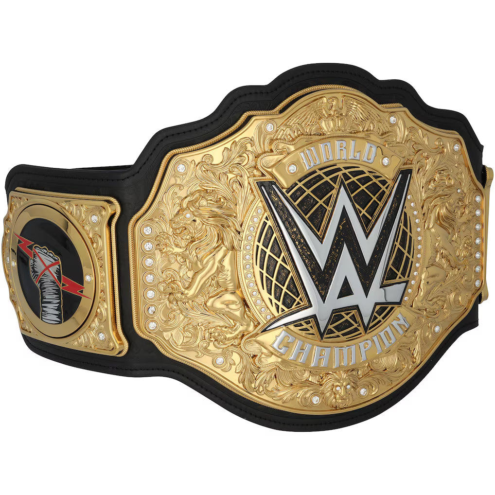 A WWE World Champion belt with a large ornate gold central plate featuring the WWE logo, a smaller gold side plate with a snake graphic, and a black strap, shown on a plain white background.