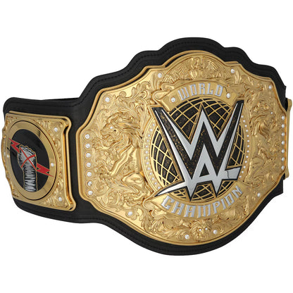 A WWE World Champion belt with a large ornate gold central plate featuring the WWE logo, a smaller gold side plate with a snake graphic, and a black strap, shown on a plain white background.