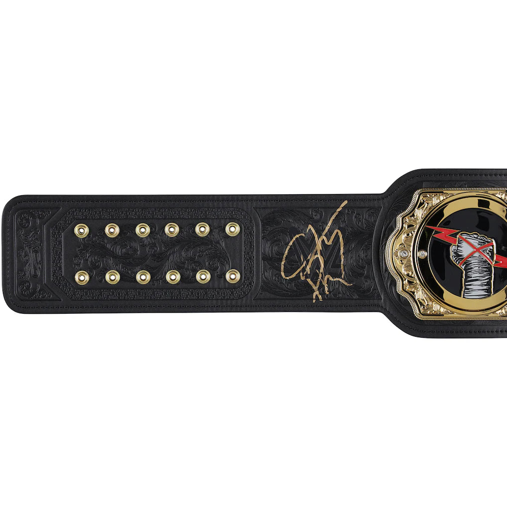 A black leather championship belt with gold hardware, featuring a gold signature in the center and a circular medallion on the right, shown against a plain white background.