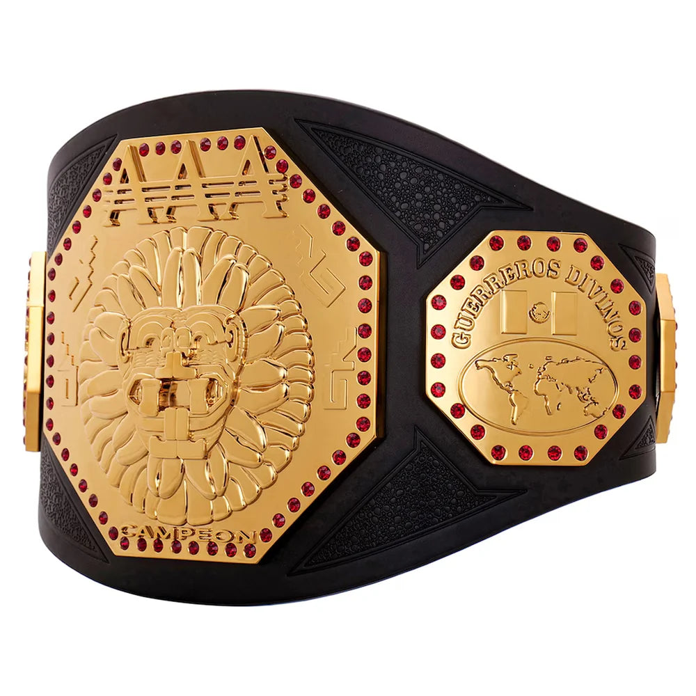 A championship-style belt with a wide black strap, featuring two large gold-tone plates. One plate shows a lion head motif, and the other reads 'GUERRIERS DIV.