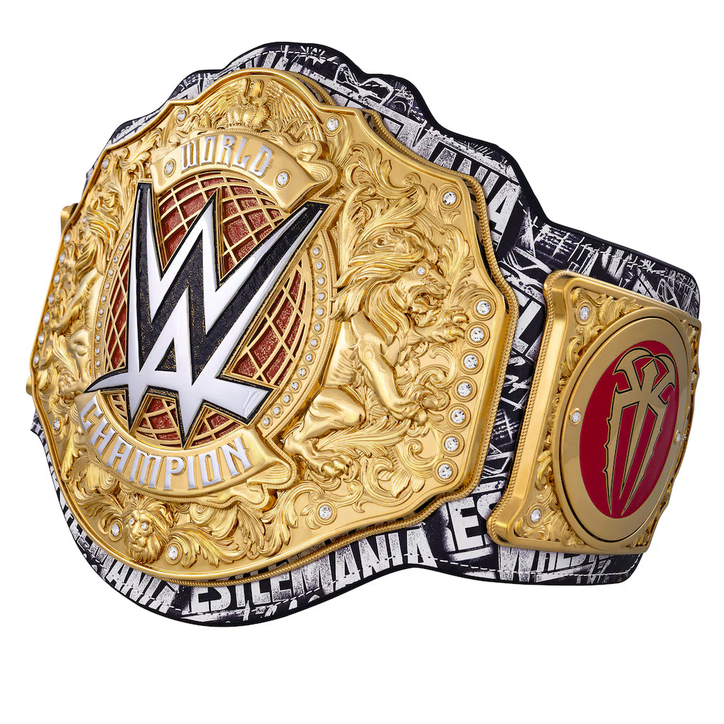 Wrestling championship belt with gold and black design on a white background