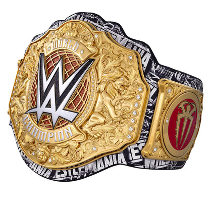 Wrestling championship belt with gold and black design on a white background