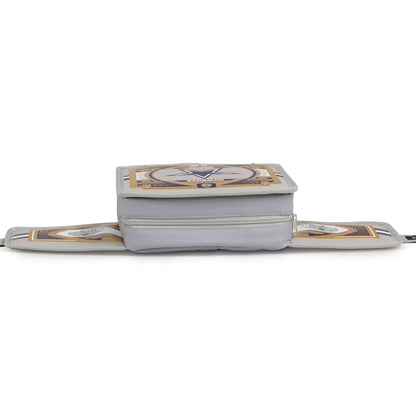 A black textured leather crossbody bag with a matching adjustable strap and silver-tone hardware, displayed against a solid light beige background.