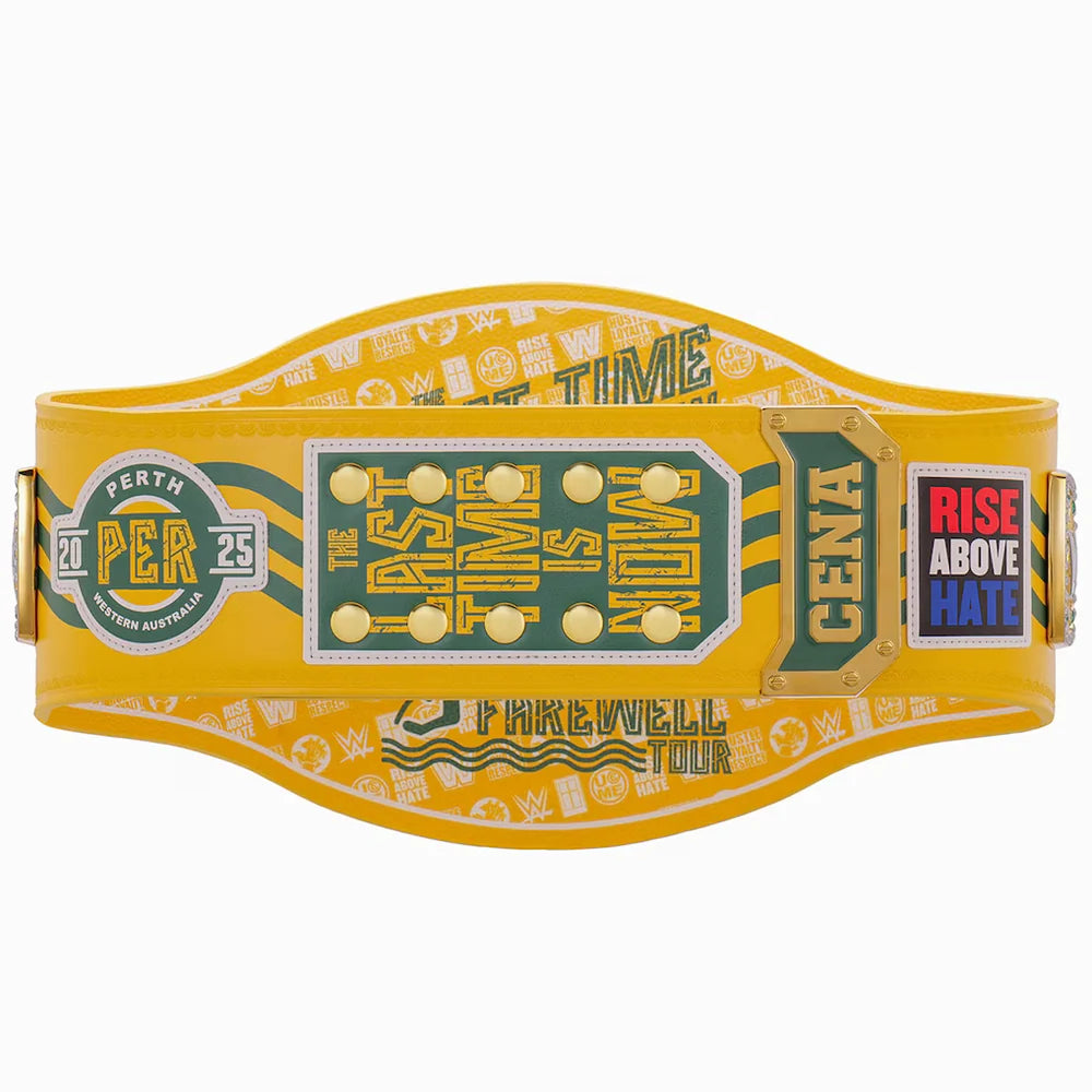 Yellow championship belt with text and logos on a white background
