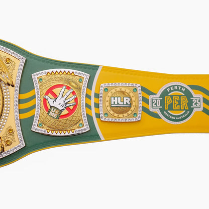Decorative belt with gold, green, and yellow colors featuring logos and text.