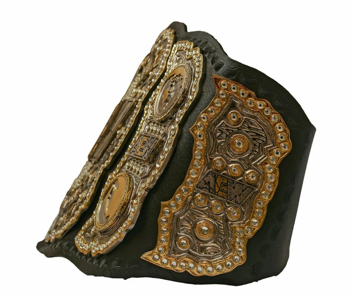 Decorative belt with intricate gold and brown designs on a white background