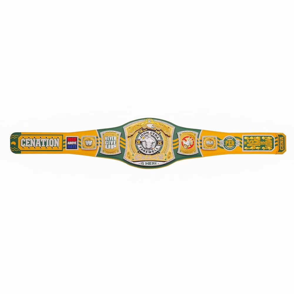A colorful replica or collectible championship belt laid flat on a white background. The belt features a central gold and green plate with a lion emblem and the words 'CROWN PRIZE CHAMPIONSHIP', flanked by yellow and green sections with various sponsor-style logos including 'CENATION' and 'HAWK'.