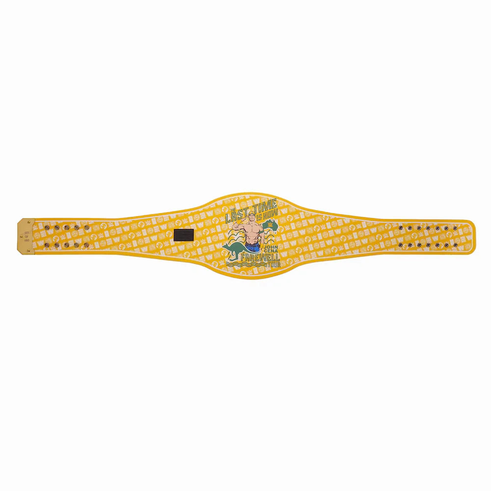 A yellow and white patterned championship belt featuring a central plate with a cartoon illustration of a muscular man and the text 'The Great Muta'.