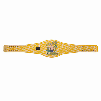 A yellow and white patterned championship belt featuring a central plate with a cartoon illustration of a muscular man and the text 'The Great Muta'.