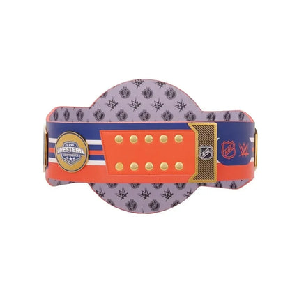 Wrestling belt with various logos on a white background