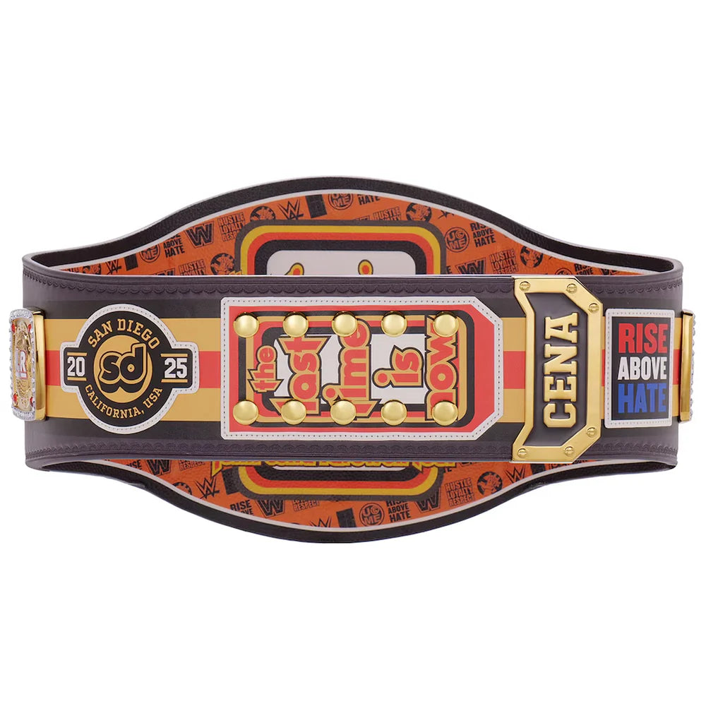 A CENA San Diego 95 California 2025 championship belt with a bold orange, gold, and black design, featuring the text 'CENA', 'RISE ABOVE HATE', and 'SAN DIEGO 95 CALIFORNIA 2025'.