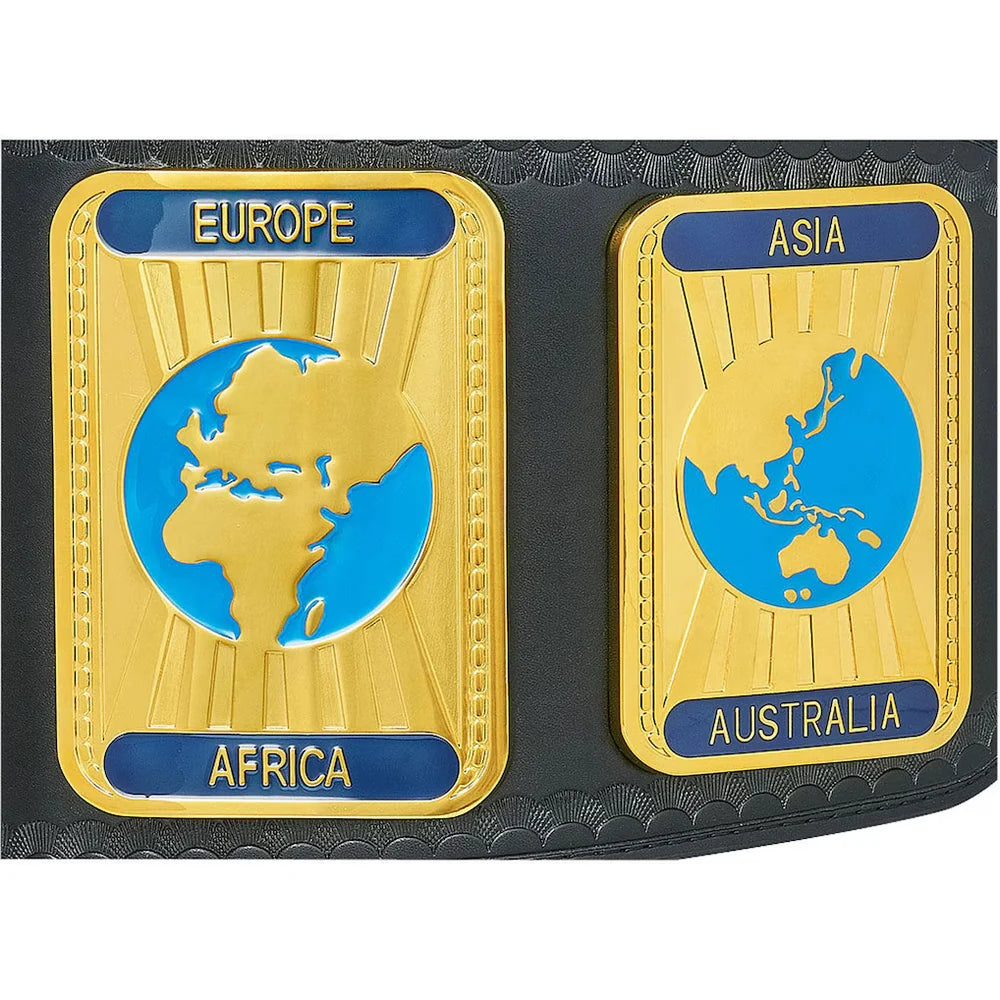 A close-up of a black textured belt featuring two gold-tone metal plates. The left plate is labeled 'EUROPE' and 'AFRICA' with a blue globe graphic showing Africa.