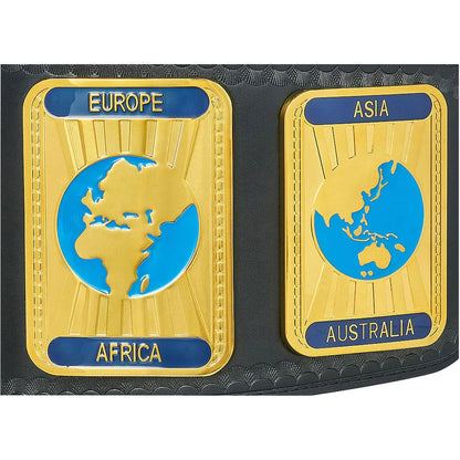 A close-up of a black textured belt featuring two gold-tone metal plates. The left plate is labeled 'EUROPE' and 'AFRICA' with a blue globe graphic showing Africa.