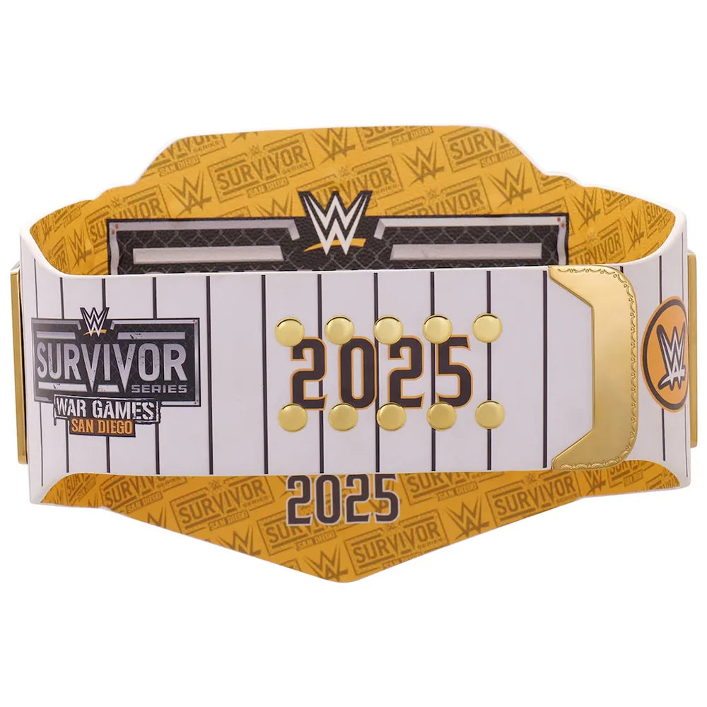 WWE Survivor Series 2025 championship belt featuring a white and gold baseball pinstripe design with the year 2025 and gold studs.