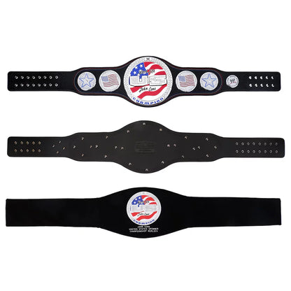 Three views of a black championship belt with a central round medallion featuring an American flag and the words 'Patriot Champion', plus star and flag emblems on the strap, shown on a white background.