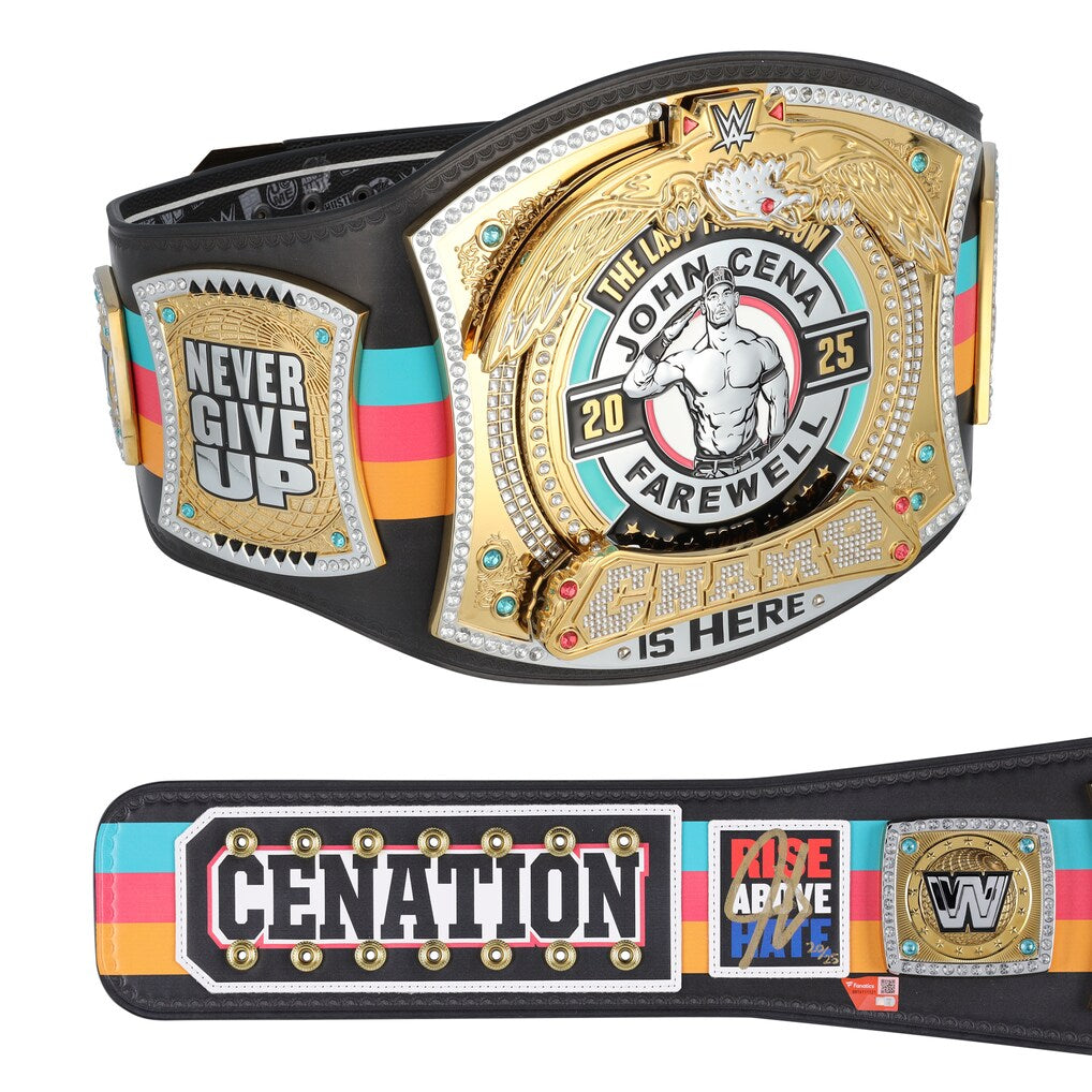 A WWE John Cena farewell championship belt shown from two angles on a plain white background. The top view shows the large ornate gold-toned center plate with 'John Cena Farewell 2025' and the 'Never Give Up' side plate.