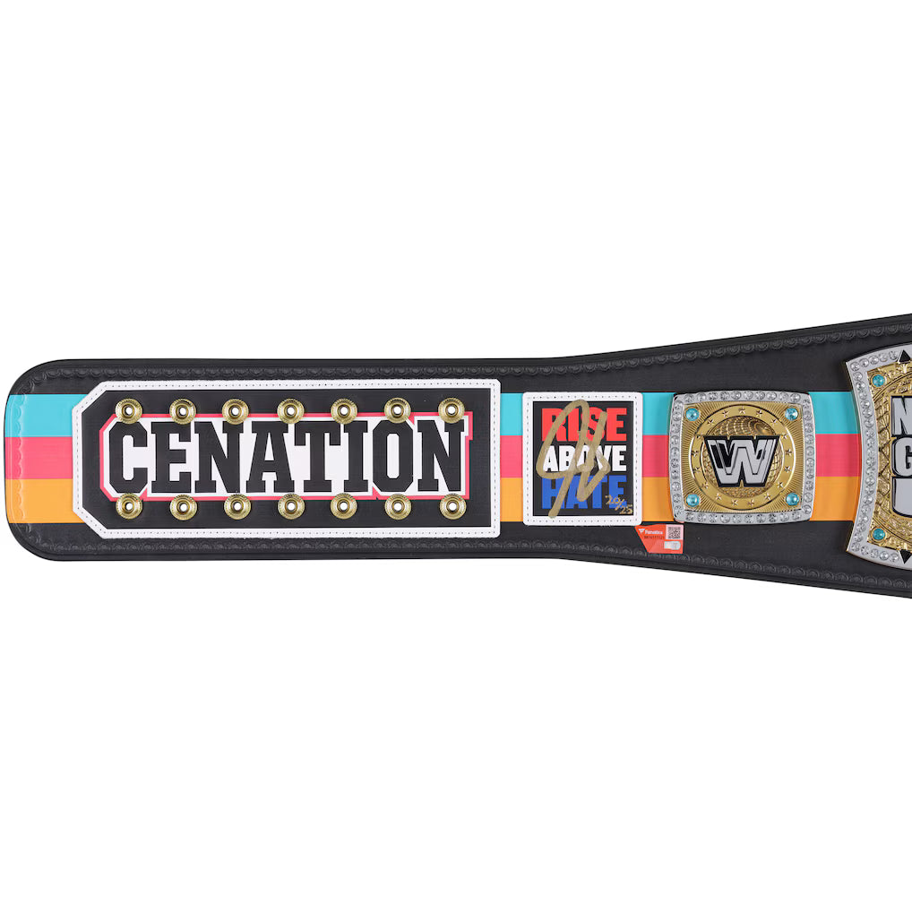 A WWE championship belt featuring a black leather strap with colorful pastel stripes, a central 'CENATION' plaque, a 'RIDE ABOVE 2024' sign, and gold-toned championship plates.