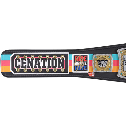 A WWE championship belt featuring a black leather strap with colorful pastel stripes, a central 'CENATION' plaque, a 'RIDE ABOVE 2024' sign, and gold-toned championship plates.