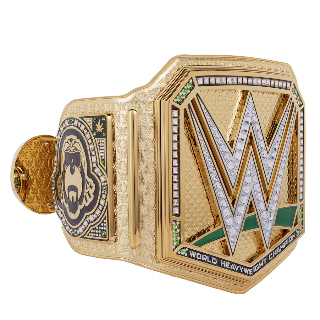 Gold wrestling championship belt with WWE logo on a white background