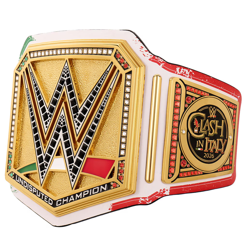 WWE championship belt with 'Clash in Italy' 2026 design on a white background